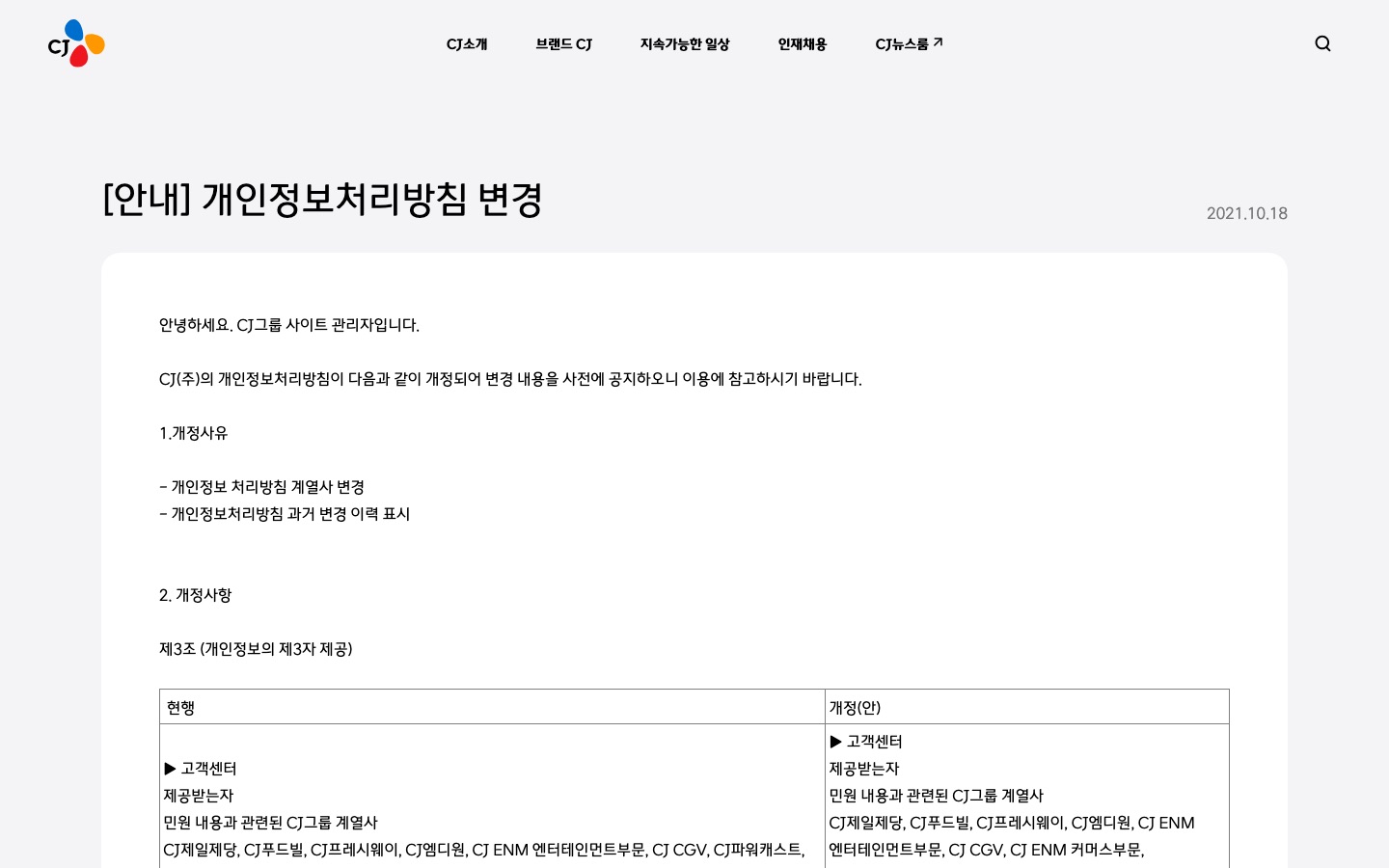 [안내] 개인정보처리방침 변경 | CJ그룹