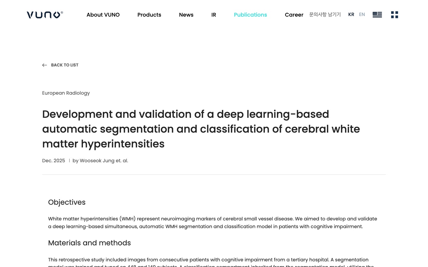 Development and validation of a deep learning-based automatic segmentation and classification of cerebral white matter hyperintensities - 뷰노, View the Invisible, Know the Unknown